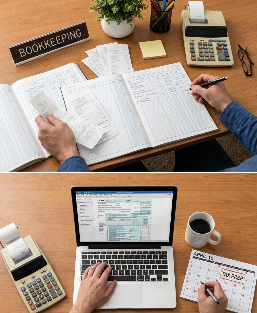 A small business owner's desk with organized bookkeeping records and a laptop open to QuickBooks Online
