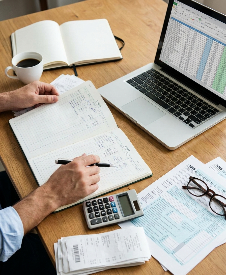A bookkeeping ledger being reviewed with receipts, a calculator, and tax forms on a desk