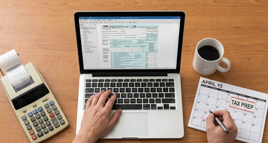 A calendar marked for quarterly tax prep next to a calculator and laptop showing a 1040 form